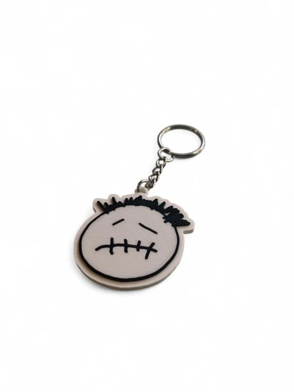 White & Black Sad Face Keychain with Metal Ring